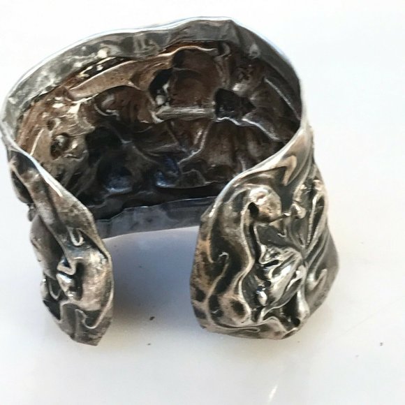 Art Nouveau Sterling Silver Floral Cuff Bracelet 925 Repoussé Victorian Wide - Picture 4 of 9